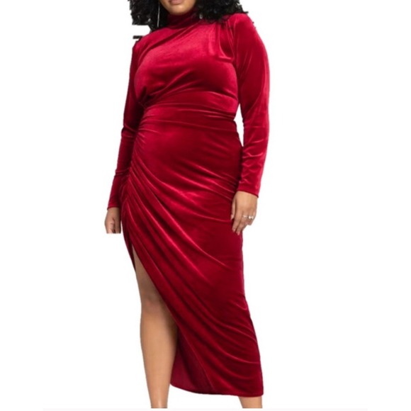 ELOQUII Women's Plus Size Mock Neck‎ Velvet Dress With Slit - 18, Velvet Red - Picture 1 of 12